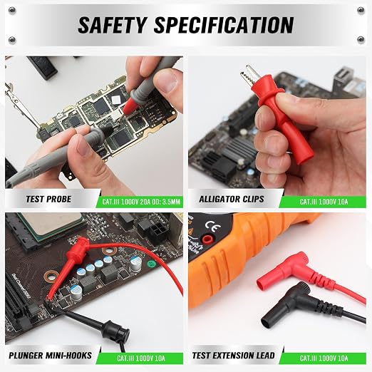 SWANLAKE 11-Piece Multimeter Test Leads Set, CAT III 1000V 20A Multimeter Probes with Alligator Clips, Needle Probe, Banana Plug to Hook Clip, Soft PVC Volt Meter Lead
