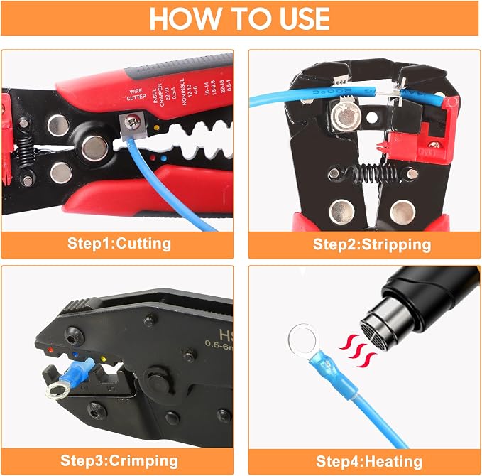 Kuject Crimping Tool Kit with 340 PCS Heat Shrink Connectors | AWG 22-10, Portable All-in-One Case, Ratchet Crimper, Self-Adjusting Wire Stripper , Butt, Ring, Female & Male Connectors