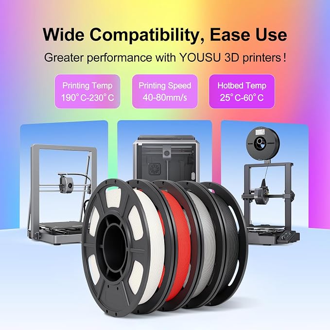 YOUSU PLA 4 * 250g 3D Printer Filament Bundle 1.75mm, Print with Most FDM 3D Printers, 1kg (2.2lbs), 4 Pack 250g Spool, Accuracy +/- 0.02mm，Black+White+Grey+Red