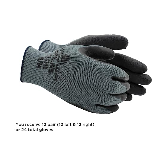SHOWA Atlas 300B Original 1994 Crinkle Grip Work Gloves, Natural Latex Palm, Heavy Duty 10-Gauge for Construction, Landscaping, Gardening, & Masonry, Black, Small, 12-Pair