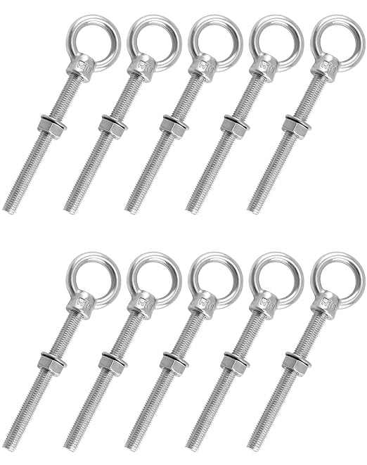 QWORK Threaded Eyebolts, 10 Pack 3/8" x 4" Long Stainless Steel Marine Grade Shoulder Eye Bolt, M10x100mm