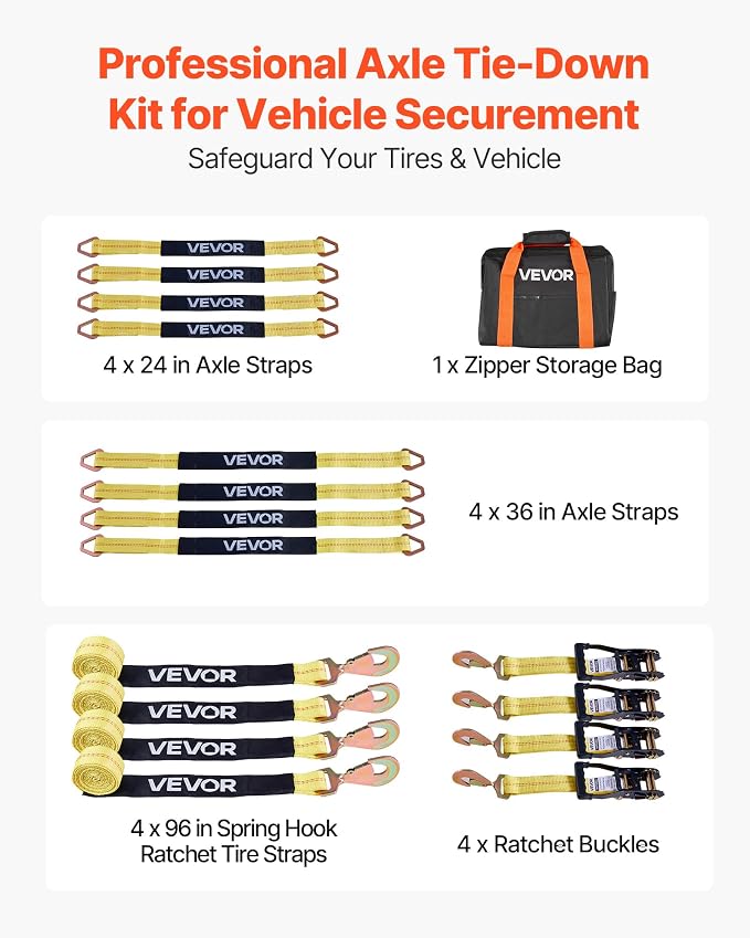 VEVOR Wheel Chock Tie-Down Kit, Axle Type Trailer Tie Down Strap, Car Tie Down Kit with Break Strength 10009 lbs, Working Load 3333 lbs, Trailer Ratchet Strap for ATV, UTV, & Heavy-Duty Pickup Trucks
