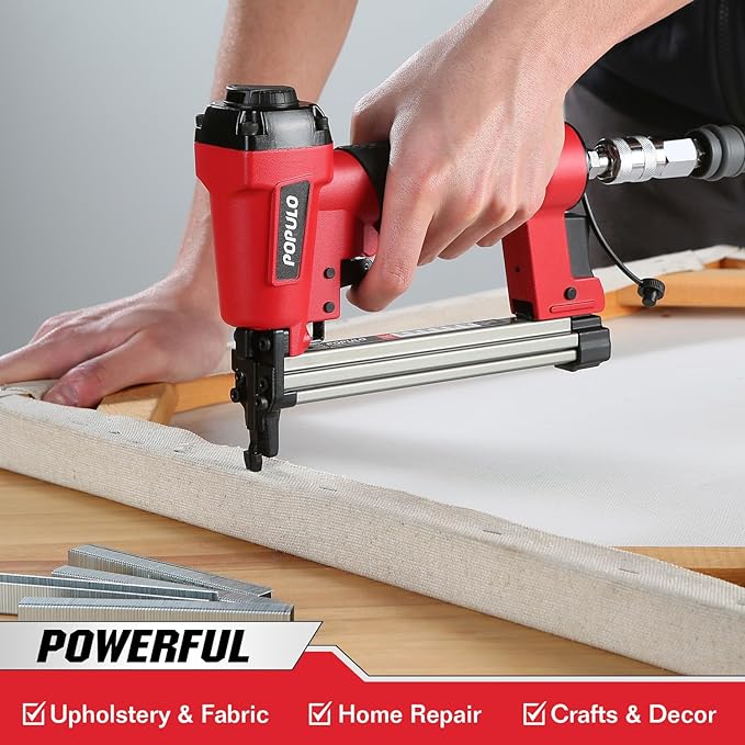 POPULO Pneumatic Staple Gun, Air Staple Gun with 3000 Staples and Safety Glasses, T50 Stapler for Upholstery, Woodworking, DIY, or Material Repair (Air Compressor Not Included)