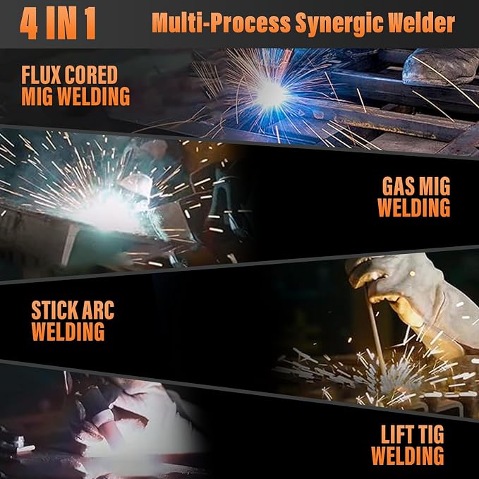 S7 200A 4-in-1 MIG Welder 110V/220V, Gas & Gasless Flux Core Welding Machine, Lift TIG/Stick/MMA Welder, Synergic Control, Large Digital Display, IGBT Inverter for DIY, Home Repair, Garage