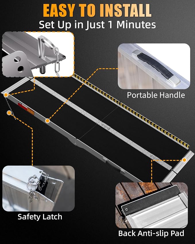 VNN Portable Wheelchair Ramp 7FT, Seamless Non-Slip Aluminum Ramps for Wheelchairs for Home, Handicap Wheelchair Ramps for Home Steps, Aluminum Loading Dock Plates, Doorways, Black