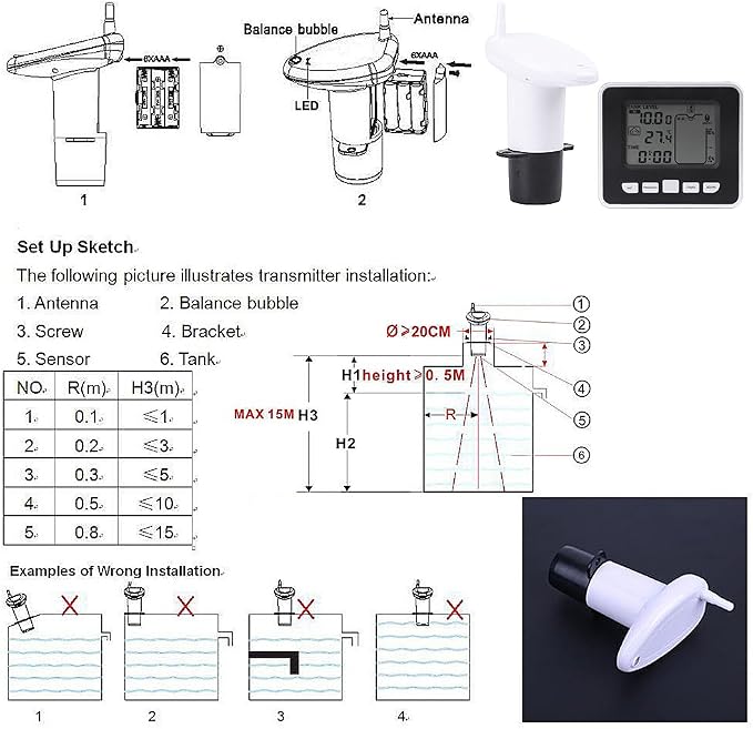 Mugast Ultrasonic Level Sensor Water Liquid Level Sensor Transmitter with LCD Temperature Display Supports Liquid Level High/Low Alarm
