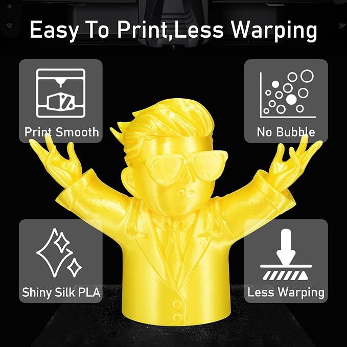 Silk Yellow PLA Satin Shiny 3D Printer Filament, 1.75mm Diameter 1kg Spool 2.2lbs for FDM 3D Printers