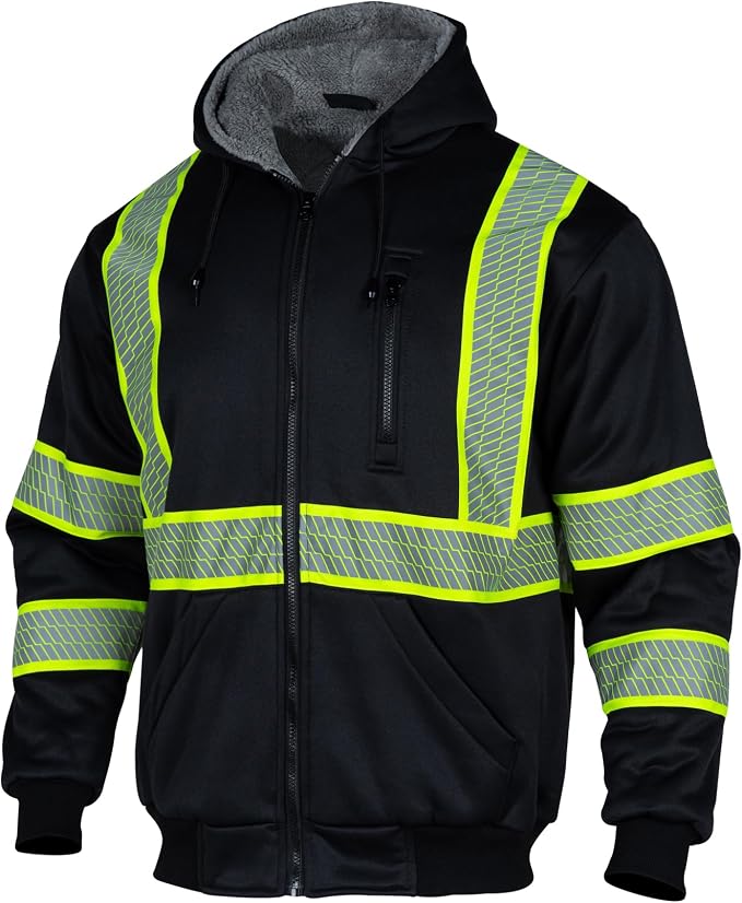 VENDACE Men's ANSI Class 3 High Vis Safety Reflective Sweatshirt Wool Fleece Zipper Jacket Hoodie with Black Bottom(Black,XL)