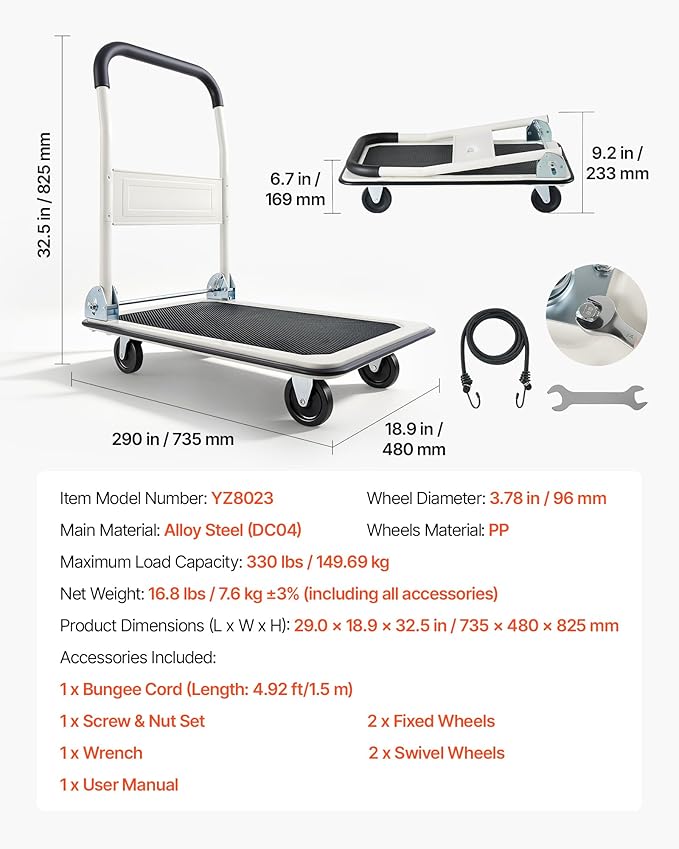 VEVOR Foldable Push Cart Dolly, 330 lbs Load Capacity, Folding Platform Truck with Swivel Wheels, Moving Platform Hand Truck Flatbed Cart, Space Saving Push Handle for Easy Storage 29 x 18.9 x 32.5 in