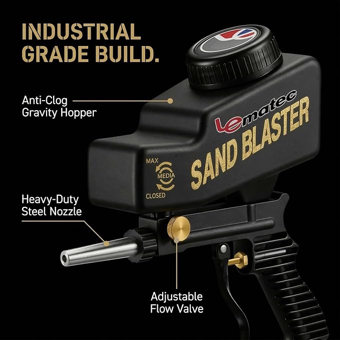 LE LEMATEC Portable Sand Blaster Gun Kit, Pneumatic Tool for Rust Removal | Glass etching, paint stripping, surface prep, deburring, steel nozzle, gravity feed, 90 PSI, model AS118