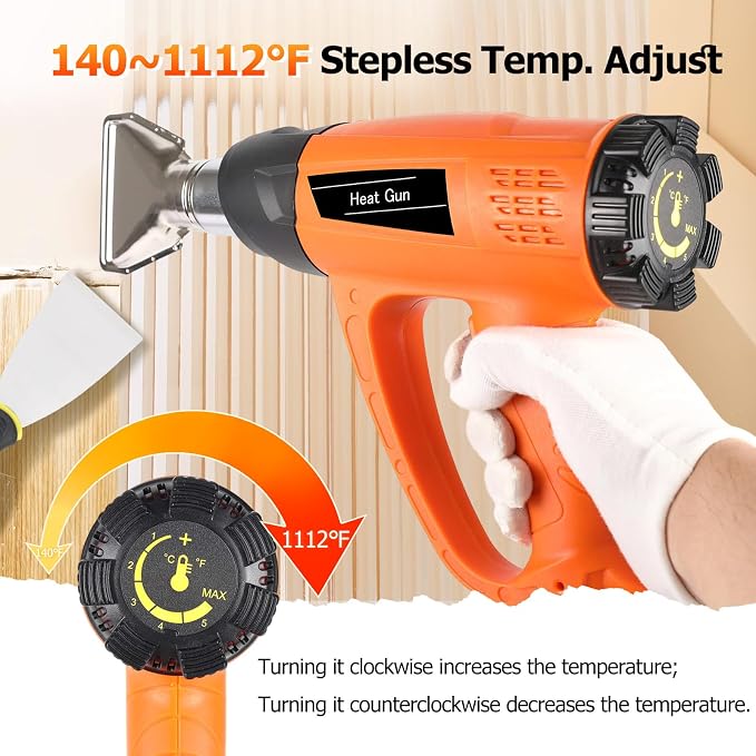 1800W Heat Gun for DIYers, Crafters & Electronics Repair – 140°F~1112°F Variable Temp, 1.5s Fast Heat, 5 Nozzles, 2 Scrapers, Overheat Protection, Hands-Free Stand | Shrink Tube, Resin, Vinyl Wrap