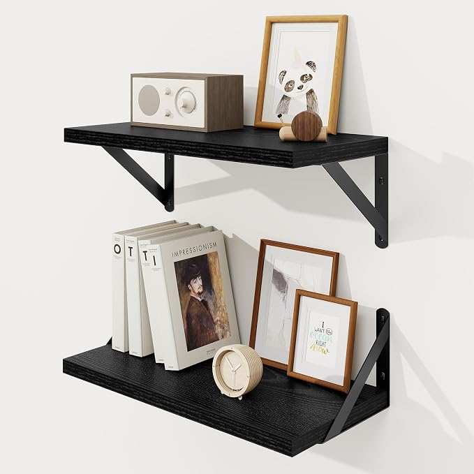 Floating Shelves 8 Inch Deep, 16W x 8D Wall Shelf Set of 2, 35 lbs Heavy Duty Reversible Metal Brackets, Industrial Book Shelf for Living Room Kitchen Bathroom Bedroom Gallery Wall, Black