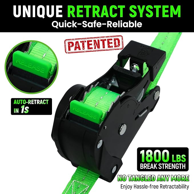 Retractable Ratchet Straps (Patented-2pack) - 1 inch x 10Feet (1,800lb Break Strength) Auto Self Retracting Tie Down Straps - Self Retractable Straps with Refletcive for Motorcyle, Truck or Cargo