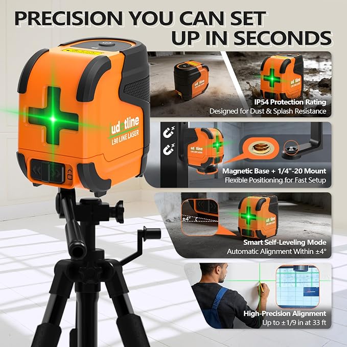 L90 Pocket Green Laser Level, Self Leveling Cross Line Laser with Pendulum Lock, Compact 2 Line Laser Level for Picture Hanging, Cabinets, Tile and DIY Home Projects (L90 with Tripod)