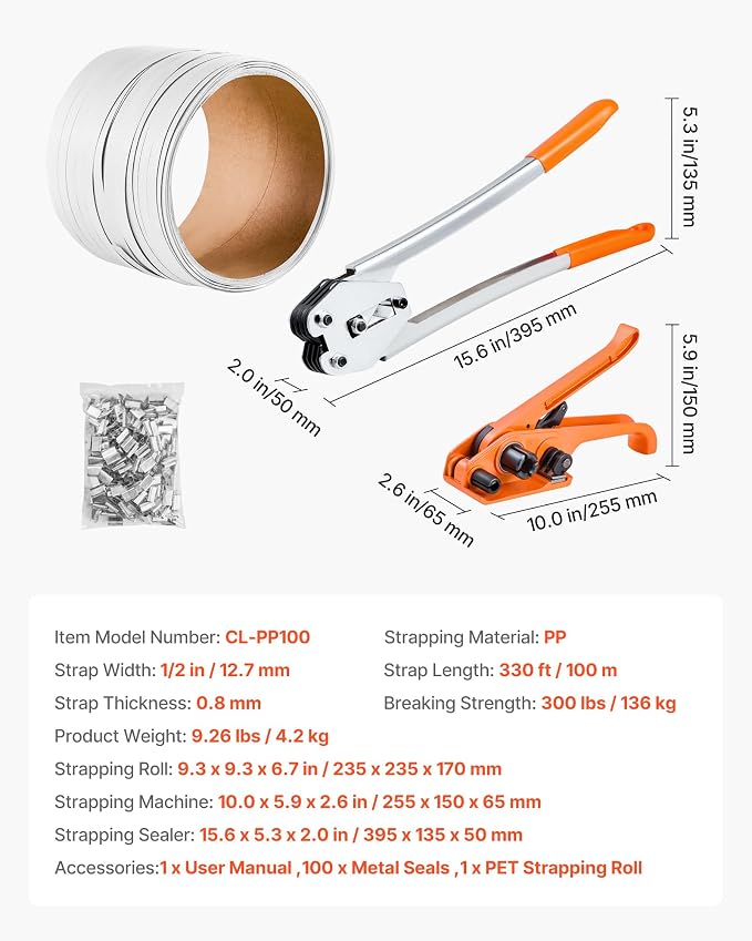 VEVOR Banding Strapping Kit, Heavy Duty Banding Sealer Tool with 330 ft Length PP Band, 100 Metal Seals, Plastic Manual Pallet Packaging Strapping Kit for Warehouse/Shipping/Moving/Home, Orange
