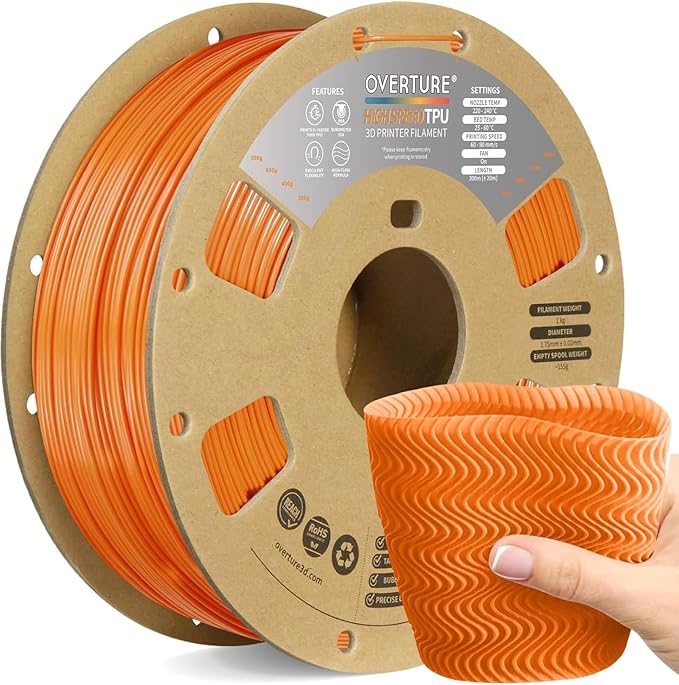 OVERTURE High Speed TPU 95A Flexible 3D Printer Filament 1.75mm | High Elasticity & Durability Filament,1kg Spool(2.2lbs),Fit Most FDM Printer(HS TPU Orange)