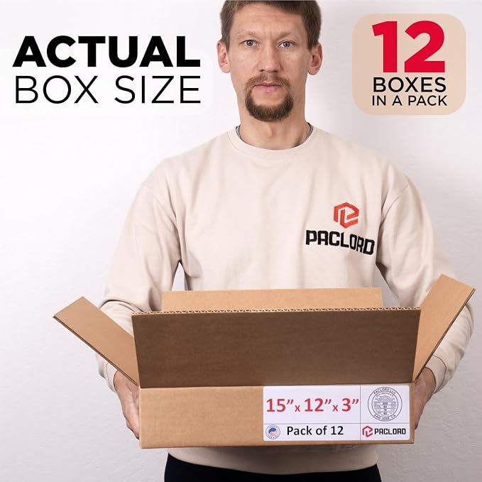 Flat Cardboard Boxes 15"L x 12"W x 3"H (Pack of 12) - USA-Made Packing Boxes for Moving, Shipping, or Storage - USPS, UPS, FedEx Approved - Professional Packing Supplies for Moving | USA-Made Packing Boxes for Moving, Shipping, or Storage - USPS, UPS, ...