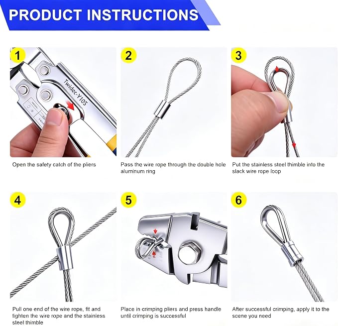 Twidec/Wire Rope Crimping Tool Up To 2.2mm Swaging Tool With 160PCS 1/16''Aluminum Crimping Loop Sleeve And 66FT 1/16'' 304 stainless steel Wire Rope 12PCS Wire Rope Thimbles Kit