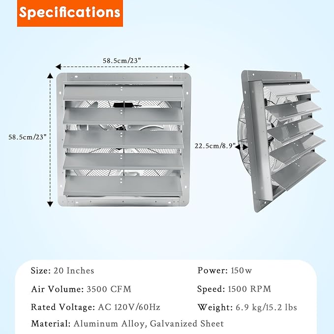 Garvee 20 In Shutter Exhaust Fan, Wall Mounted Shutter Exhaust Fan Aluminum, 3500 CFM High Speed Louvered Vent Fan with Automatic Shutter for Garage, Attic, Workshop, Greenhouse