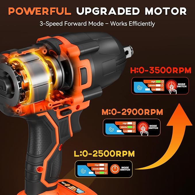 Protmex 900Ft-lbs (1200N.m) Impact Wrench, 1/2" Cordless Impact Driver, 21V High Torque Power Impact Gun - 2x4.0Ah Batteries, Variable Speeds Impact Motor for Pickup Truck/Family Car (Orange Red)