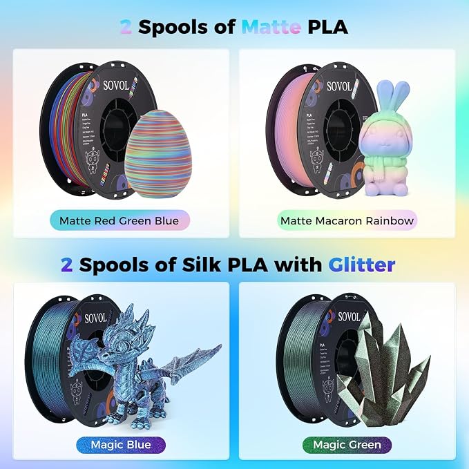 Sovol PLA Filament 10KG, Silk Tri Color & Dual Color Co-Extrusion PLA, Shiny Multicolored Fast Change Rainbow 3D Printer Filament, Matte & Glitter & Glow in The Dark PLA 1.75mm 1kg/ 2.2lbs +/-0.03mm