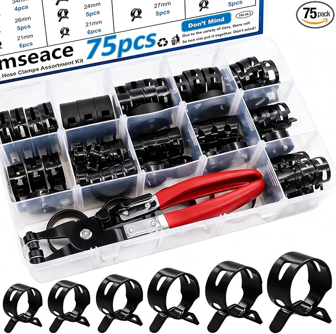 smseace 75Pcs Spring Band Hose Clamp 19 21 23 24 25 26 27 28 30 32 34 36 38mm Constant Tension Hose Clamp With Plier used for Fuel Line，Vacuum Hose，Air Hose Spring Hose Clamp Kit