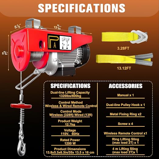 Electric Hoist 1320 lbs, 110V Electric Winch with 328 ft Wireless Remote & 13 ft Wired Remote, Single/Double Cable Lifting Height 39.4ft/20ft, Lift Hoist with Emergency Stop for Garage Warehouse Attic