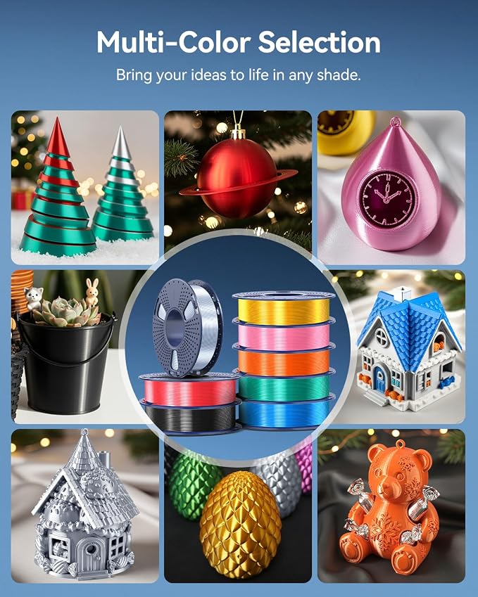 JAYO Silk PLA Filament Bundle 1.75mm, Silk 3D Printer Filament Bundle Multicolor, Individually Vacuum Packed, 8 Pack, Shiny Silk 2KG in Total, Light Gold+Silver+Black+Blue+Red+Green+Orange+Pink