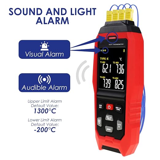 Thermocouple Thermometer Temperature Data Logger 4-Channel K/J/T Type Thermometer with 5000 Groups Data Logging and USB Export, -328~2501℉ Range HVAC Thermocouple Meter with Alarm & ADJ Compensation