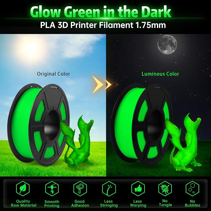 SUNLU Glow in The Dark PLA Filament, Neatly Wound Luminous PLA 3D Printer Filament 1.75mm Dimensional Accuracy +/- 0.02mm, Fit Most FDM 3D Printers, 1kg Spool (2.2lbs), (Green PLA, Glow Green)