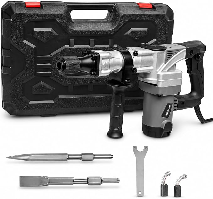 XtremepowerUS 1400W Demolition Electric Jack Hammer SDS Plus Construction Concrete Breaker Punch Drill Chipping 4500BPM Floor Tile Removal (Include Flat & Chisel Bits) Carrying Case