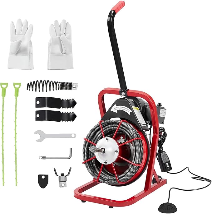 Acekool Electric Drain Cleaner Machine, Drain Auger 50Ft X 3/8 Inch for Sewer Clean, Efficient Drain Snake Cleaning Sewer Auger for 1~4 Inch Pipes, w/Foot Switch, 4 Cutter Blades, Protective Gloves