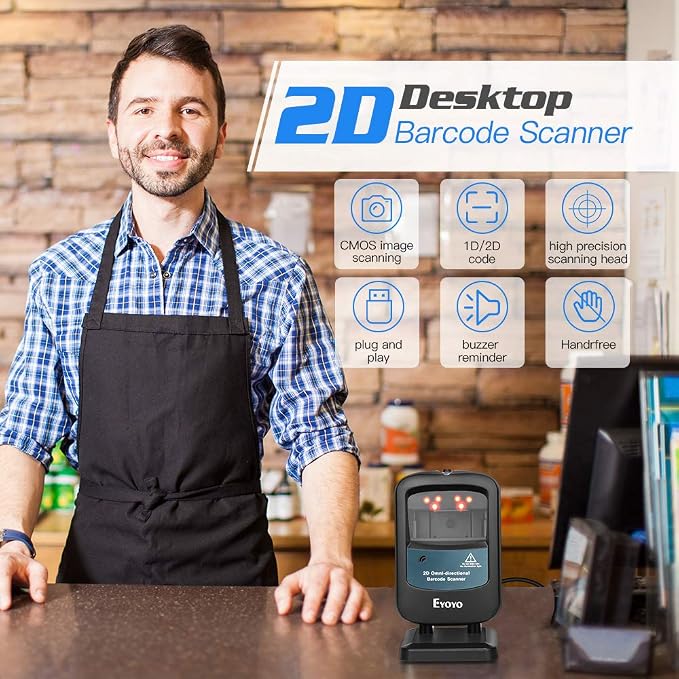 Eyoyo 2D Hands-Free Barcode Scanner, Omnidirectional USB Wired Desktop Barcode Reader 1D 2D PDF417 Data Matrix Bar Code Reader with Automatically Scanning for Retail Store Supermarket Mall Business