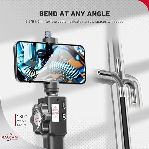 Ralcam Two-Way Articulating Borescope for iPhone&Android, Endoscope Camera with Light, HD Inspection Camera with Battery for Automotive, Engine, Pipe 0.21in Lens-3.3FT Flexible Cable