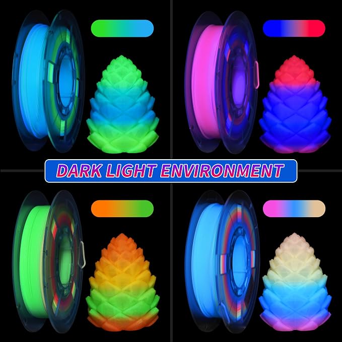 RAMBERY Glow in the Dark Rainbow 3D Printer Filament, Luminous PLA Filament 1.75mm, Dimensional Accuracy +/- 0.02mm, 200gX4 Spools