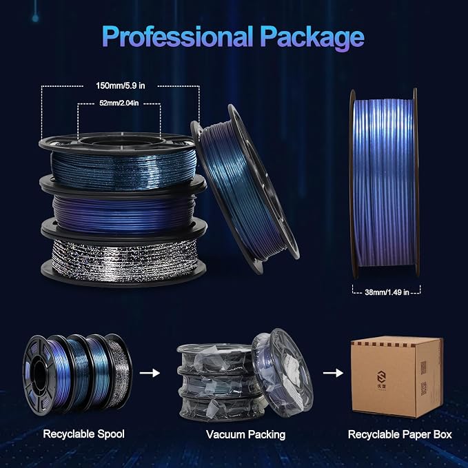 YOUSU 3D Printer Filament Galaxy PETG Filament 1.75mm +/- 0.02mm,Glow in The Dark Laser Chameleon Series 3D Printing Filament Bundle,Multi Color Filament 250g X 4 Color Pack