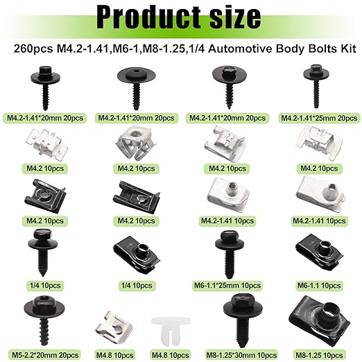 mxuteuk 260PCS U-Nut Clips & Automotive Body Fender Bolts Kit,for Most Cars Fender,Engine Undertray Cover, Engine Cover & Bumper Fender Liner