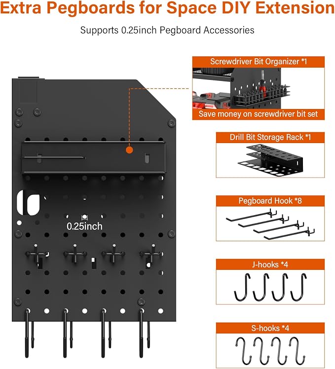 JUNNUJ Large Pegboard Power Tool Organizer with Charging Station, 8 Drills Driver and Tools Battery Holder Wall Mount with 8 Outlet Power Strip, Black 3-Layer Shop Garage Storage Utility Rack