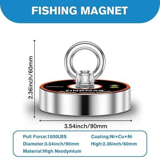 FINDMAG Fishing Magnet Kit, Heavy Duty Magnets for Magnet Fishing, 1000lbs Pulling Force Fishing Magnets for Retrieving Items in River, Lake, 3.54" Diameter