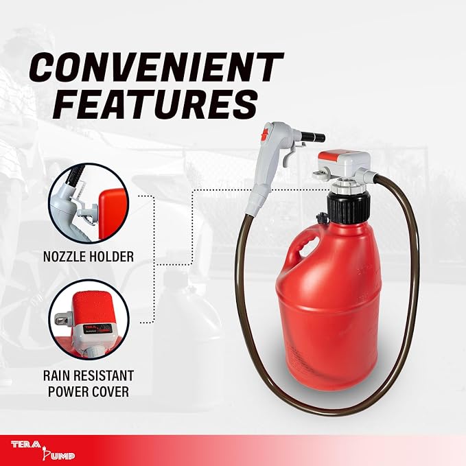 TERA PUMP TRFA03-XL Universal Gas Can Adapter Cap Battery Powered Pump | 2.3 GPM, No Spill Sensor, 4.27 ft Vinyl Hose, Utility Jug Adapter & Power Nozzle, 4x AA Power