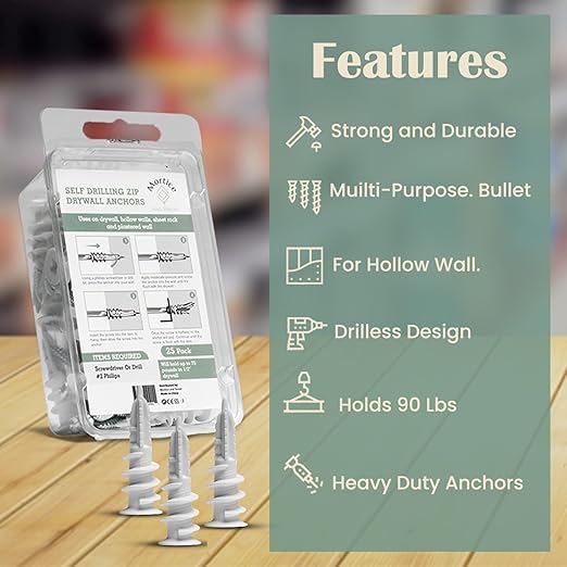 Reinforced Nylon 66 Drywall Repair Anchors - 90lb, Small Wall Hanging Kit for Apartment Quick Fixes & Towel Rack with Carbon Steel Screws, 10 Dry Wall Anchors and 10 Phillips Flat Head Wood Screws