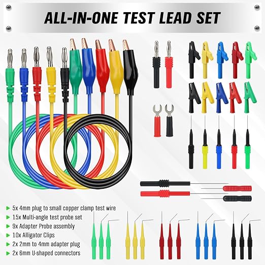 SWANLAKE 43-Piece Back Probe Kit, 30A Multi-Angle Test Probe, 4mm Banana Plug to Copper Alligator Clips, U-Shaped Connectors, Automotive Electrical Circuit Diagnosis Car Repairing Tools