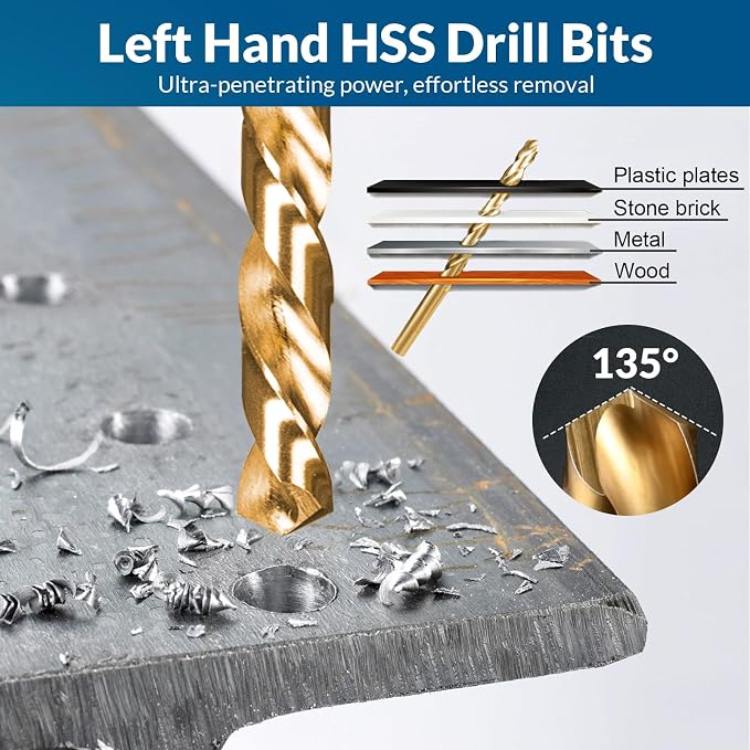 Screw & Bolt Extractor Set and Left Hand Drill Bit Kit, 54 PCS | Easy Out Stripped Screw Remover, Hex Adapter, Lug Nut Remover, For Broken, Damaged, Rusted, Rounded-Off Studs