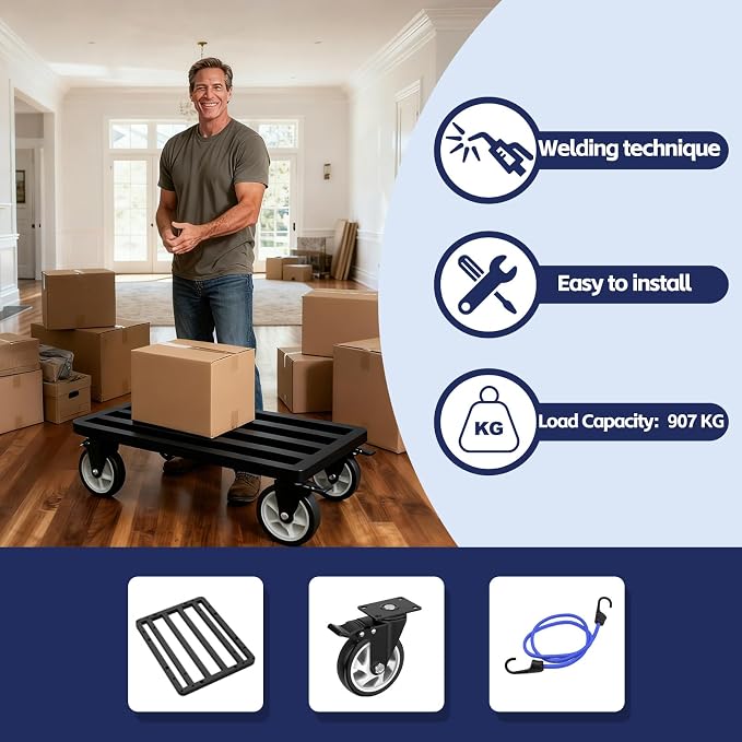 Heavy-Duty Stainless Steel Furniture Dolly 18'' x 18'' Inch, 2000LBS Capacity Moving Dolly with 5" Swivel Casters & Fastening Strap for Secure Moving of Furniture and Appliances