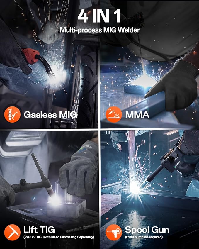 HITBOX Synergy MIG Welder 110V/220V 145A Flux Core Welder 4 IN 1 Gasless MIG/Lift TIG/Stick/Support Spool Gun Portable Welding Machine with Large Colorful Digital Display