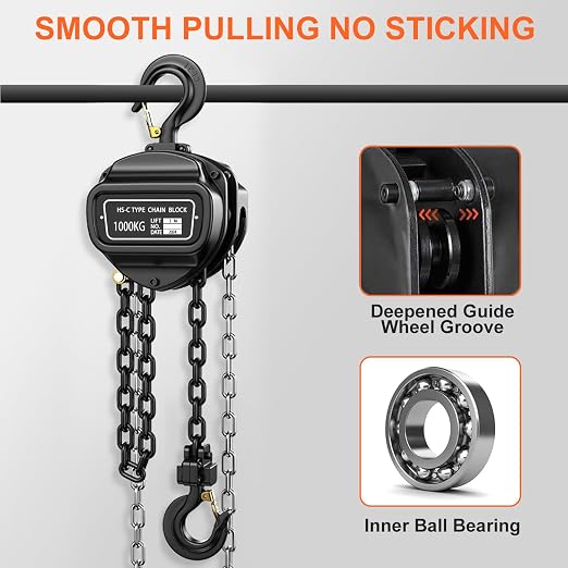 Hand Chain Hoist, Manual Chain Fall，1 Ton 2200 lbs Capacity 10 FT Come Along, G80 Galvanized Carbon Steel，Auto Chain Leading & 360° Rotation Hook for Warehouse Building Automotive Machinery (1T-3M)