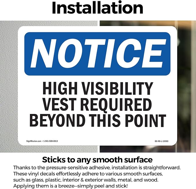 High Visibility Vests Required Beyond This Point OSHA Notice Vinyl Decal Label 5 Inch x 3.5 Inch - 10 Pack
