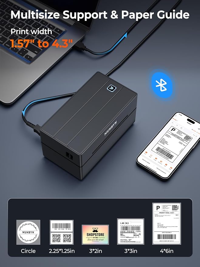 MUNBYN Bluetooth Thermal Label Printer, 130B Wireless 4x6 Shipping Label Printer for Shipping Packages Small Business Office or Home, Compatible with iPhone Android iPad Windows macOS Chrome