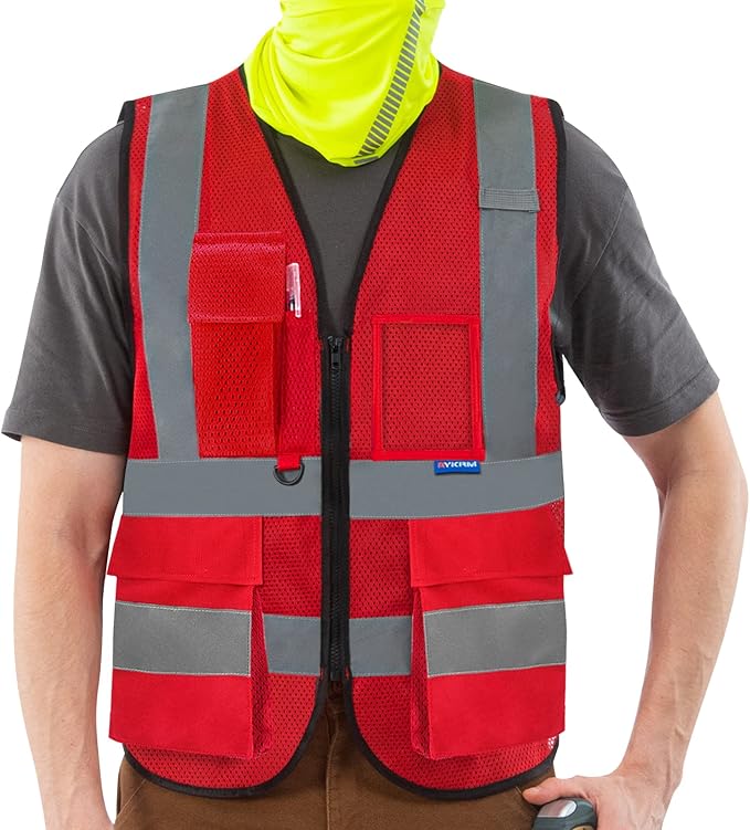 6XL 7XL 8XL red work vest with pockets Big and tall | Red 6XL-8XL mesh safety vest with 7 pockets, clear ID pocket and radio mic loop for emergency response; unisex workwear.