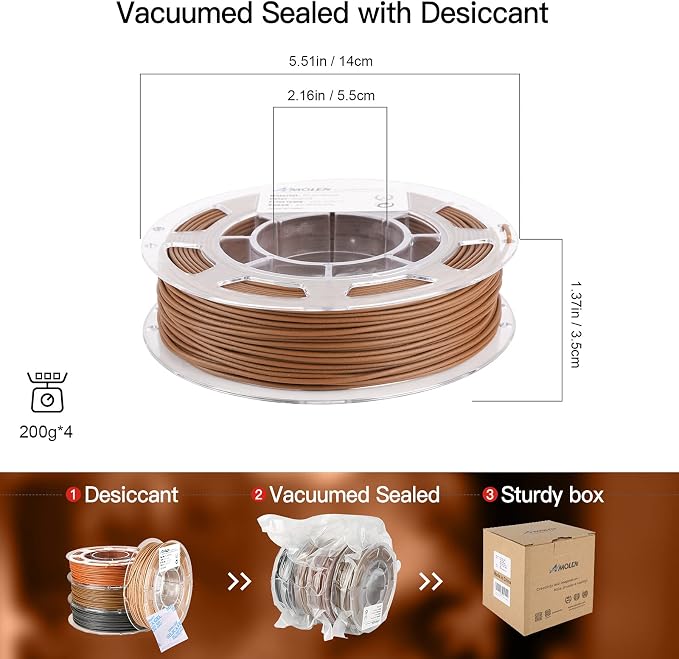 AMOLEN Wood PLA Filament Bundle 3D Printer Filament Wood Sets,Walnut,Cherry,Bamboo,Ebony,3D Printing Filament,PLA Filament 1.75mm,200g*4 Spools